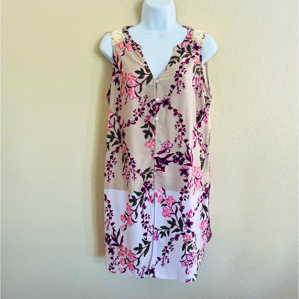 fig and flower Beige Pink Floral Sleeveless Tunic